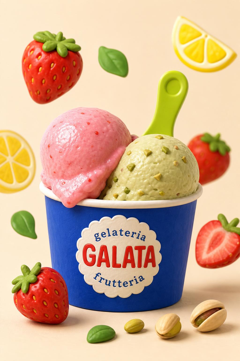 Coppetta Galata Frutteria con sorbetto alla fragola e pistacchio